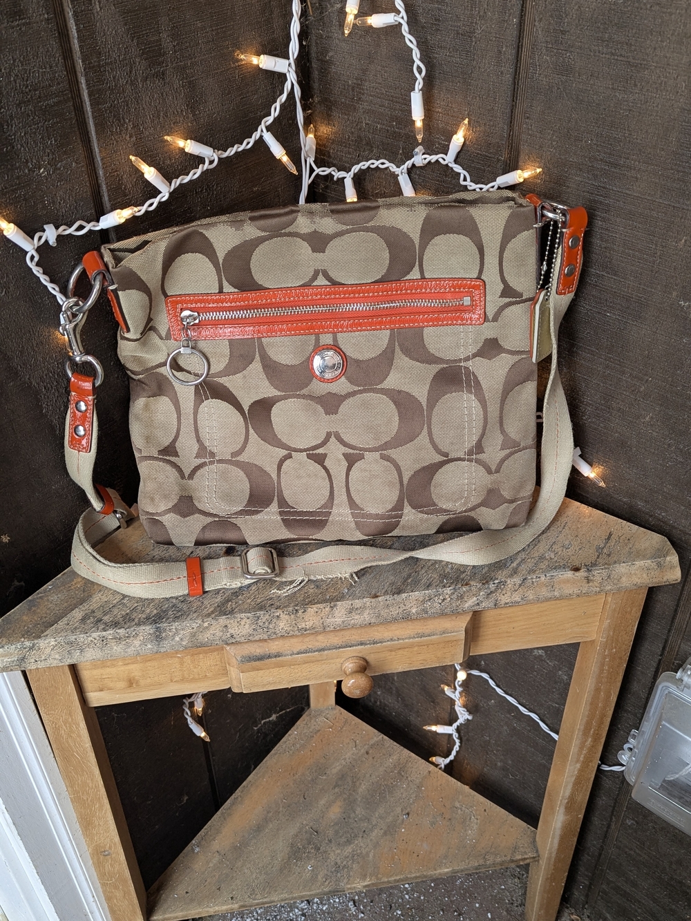 Coach Signature Canvas Messenger Bag with Orange Trim